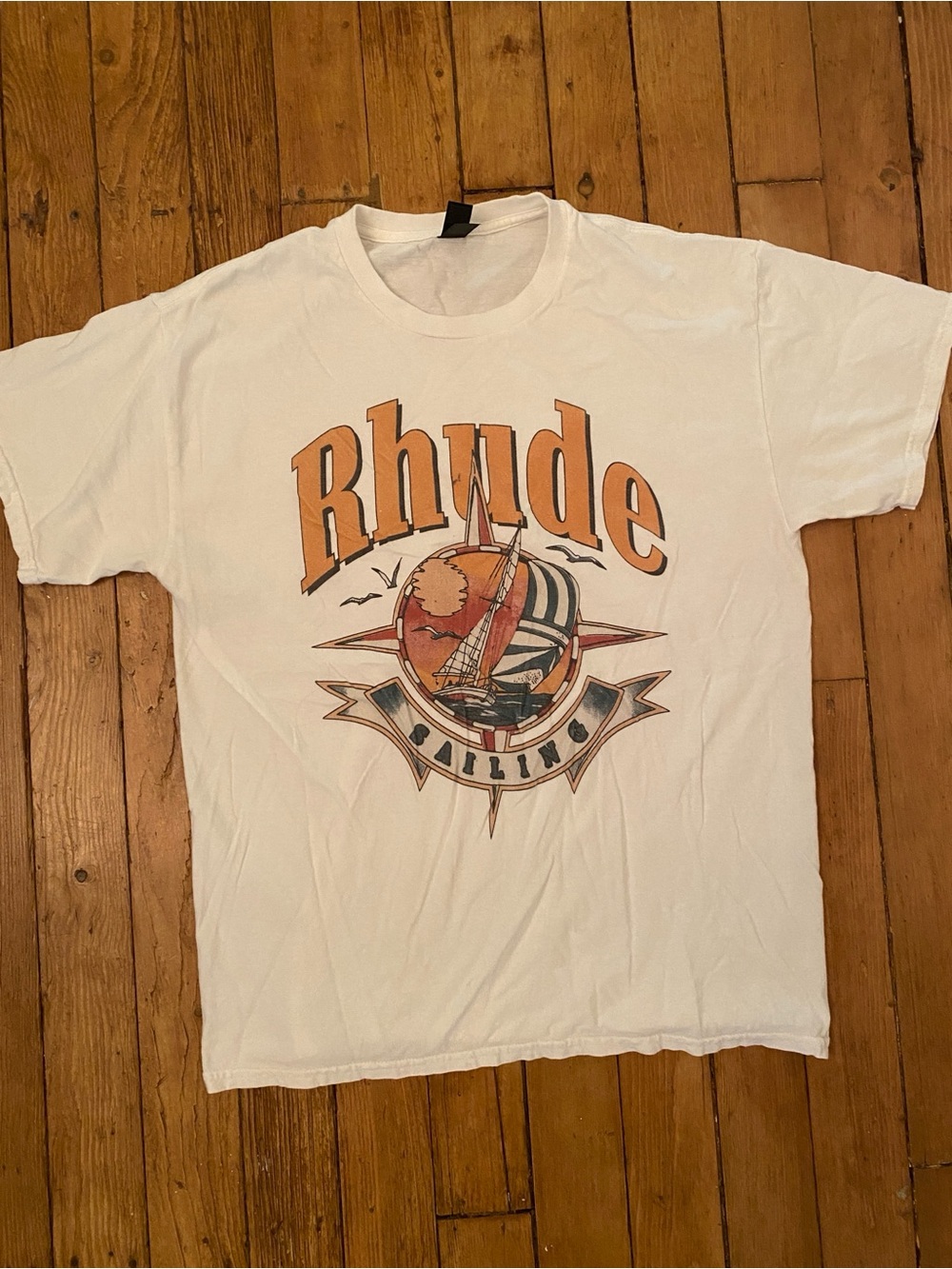 Rhude White Tee with Orange Sailing Graphic